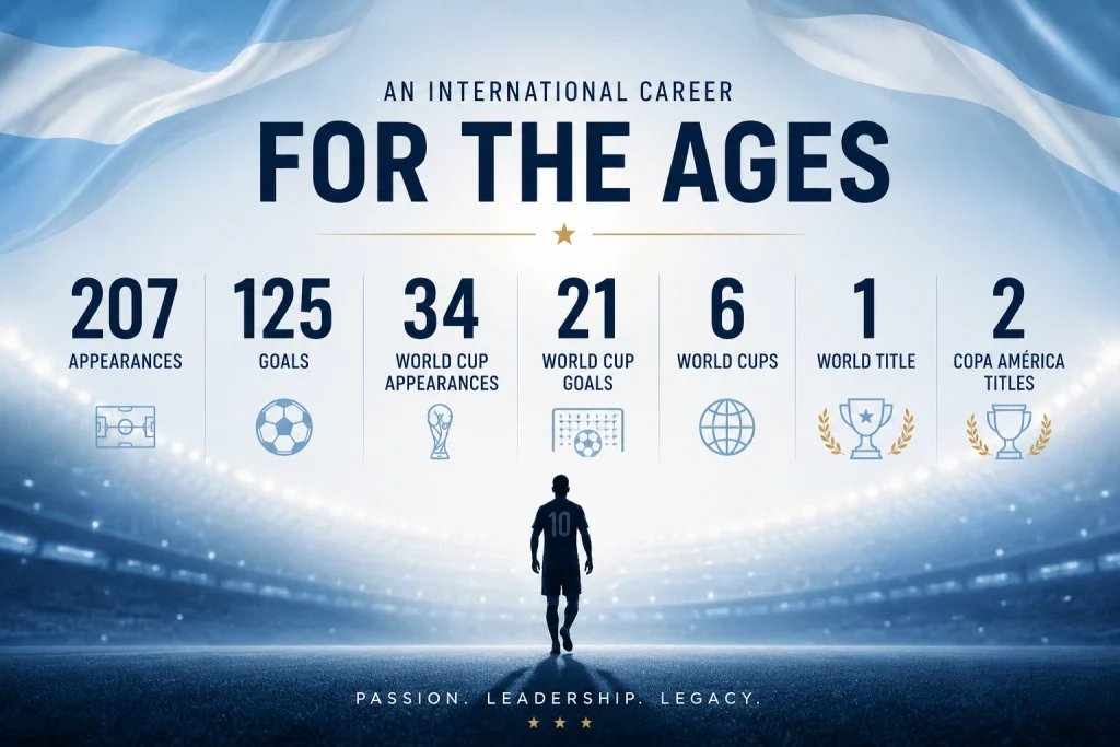 Lionel Messi Argentina career records including appearances goals and World Cup statistics