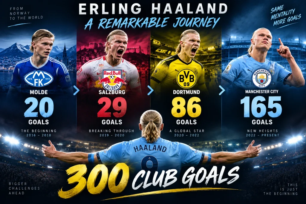Erling Haaland celebration with a large 300 club goals