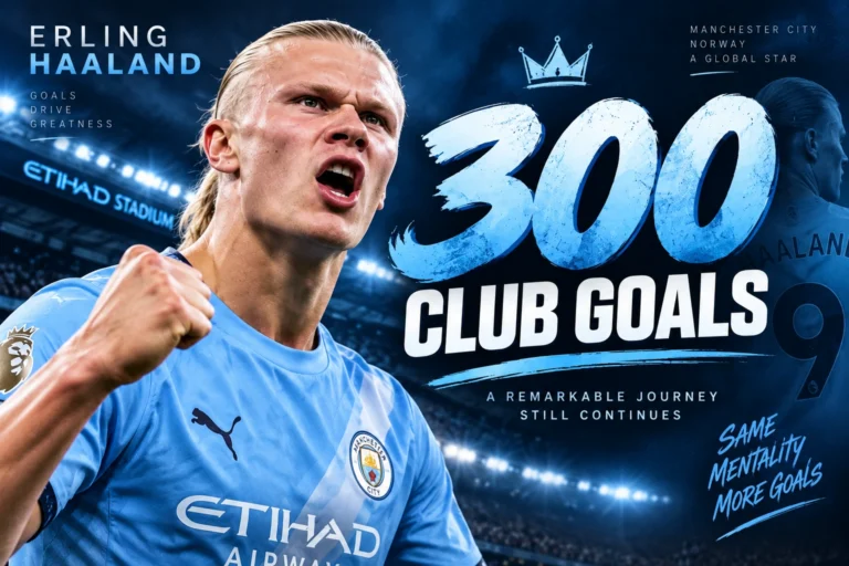 Erling Haaland celebration with a large 300 club goals